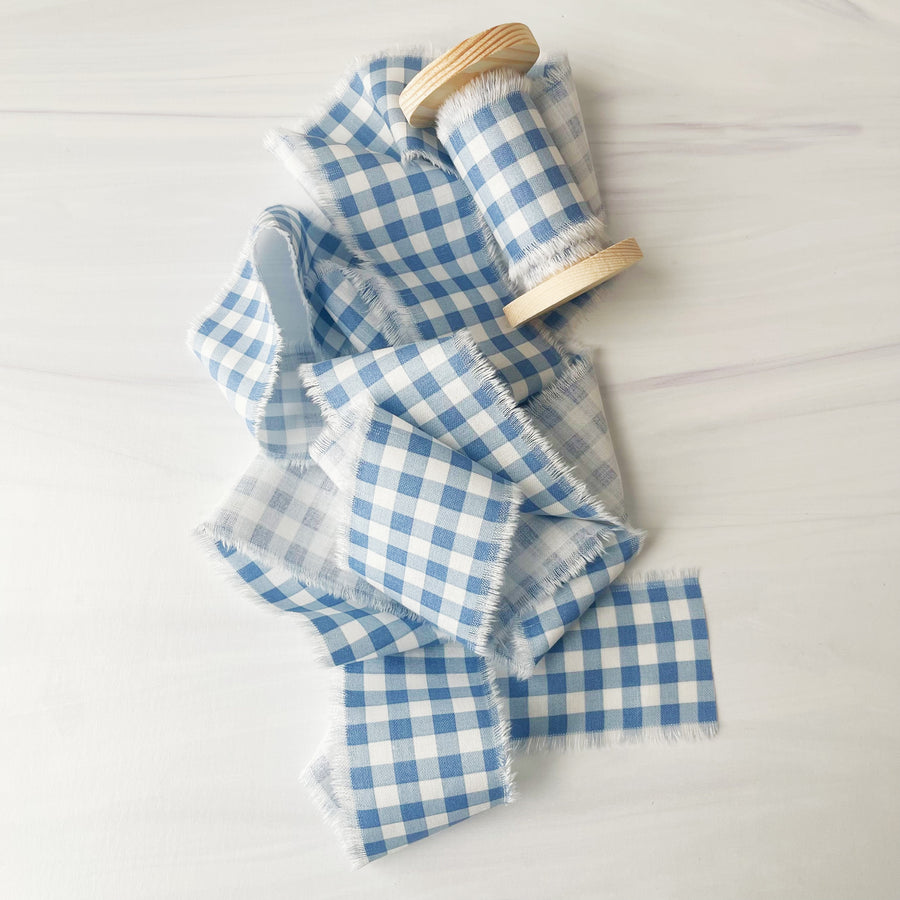 Blue Gingham - Hand Frayed Cotton Ribbon