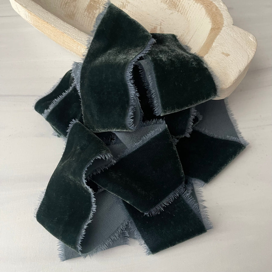 Green-Navy Silk Velvet Ribbon