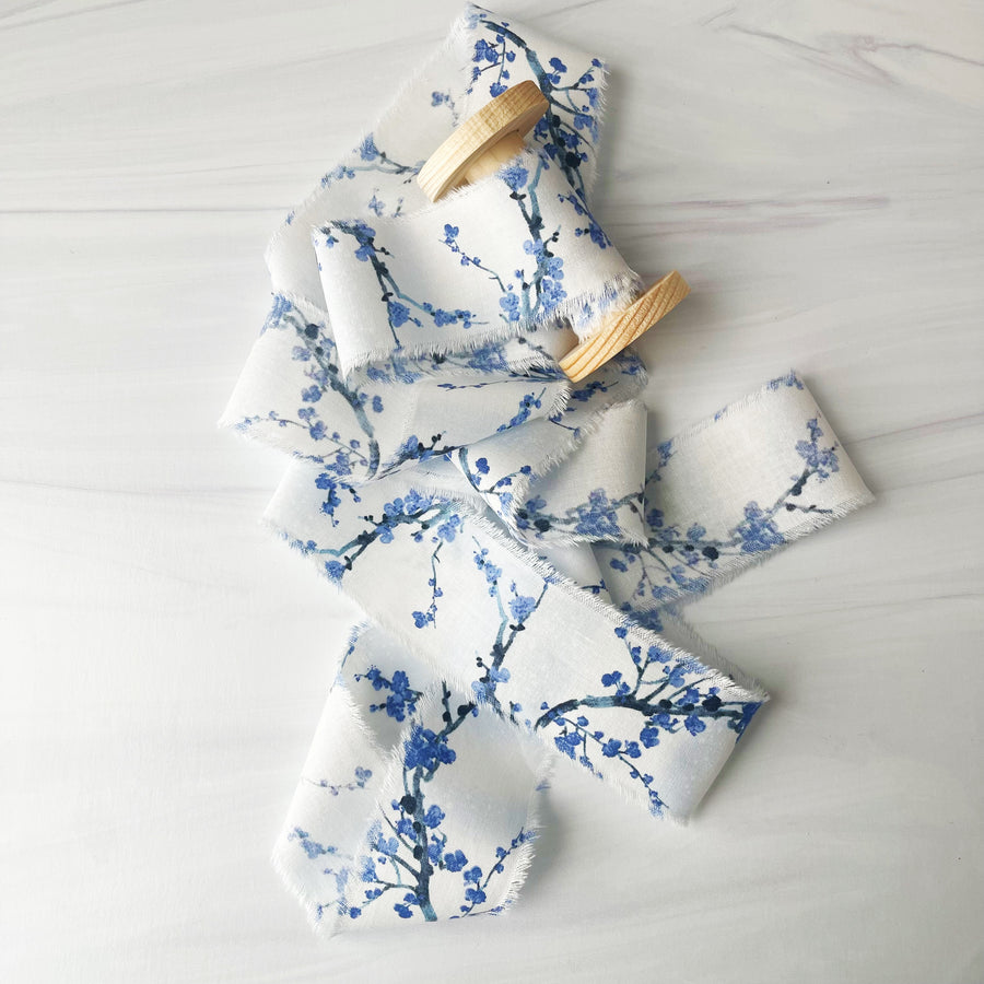 Blue Cherry Blossom - Hand Frayed Cotton Ribbon
