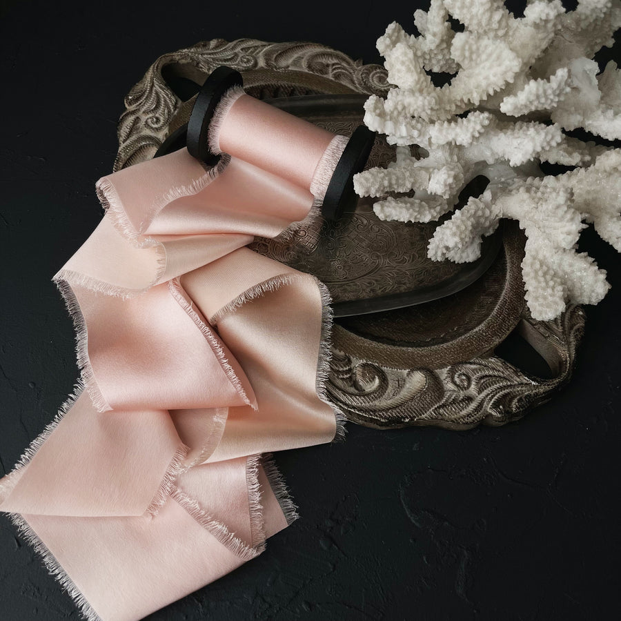 Peachy Pink swirl - Dual Texture hand torn Silk Ribbon